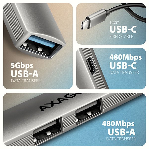 AXAGON HUE-STC, 4x USB ALU STRIP hub, 1x USB-A 5Gbps, 2x USB-A & 1x USB-C 480Mbps, kabel USB-C 12cm - obrázek č. 2