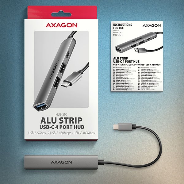 AXAGON HUE-STC, 4x USB ALU STRIP hub, 1x USB-A 5Gbps, 2x USB-A & 1x USB-C 480Mbps, kabel USB-C 12cm - obrázek č. 5
