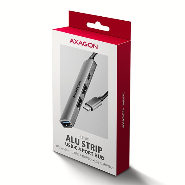 AXAGON HUE-STC, 4x USB ALU STRIP hub, 1x USB-A 5Gbps, 2x USB-A & 1x USB-C 480Mbps, kabel USB-C 12cm - obrázek č. 6