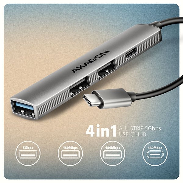 AXAGON HUE-STC, 4x USB ALU STRIP hub, 1x USB-A 5Gbps, 2x USB-A & 1x USB-C 480Mbps, kabel USB-C 12cm - obrázek č. 1