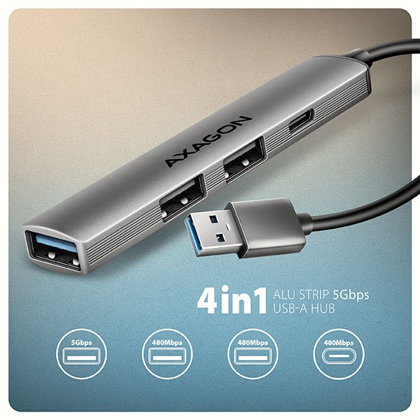 AXAGON HUE-STA, 4x USB ALU STRIP hub, 1x USB-A 5Gbps, 2x USB-A & 1x USB-C 480Mbps, kabel USB-A 12cm - obrázek č. 1