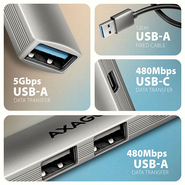 AXAGON HUE-STA, 4x USB ALU STRIP hub, 1x USB-A 5Gbps, 2x USB-A & 1x USB-C 480Mbps, kabel USB-A 12cm - obrázek č. 2
