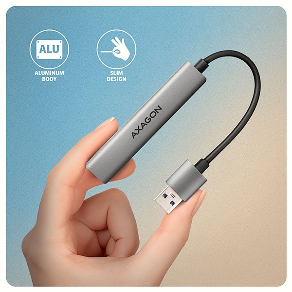 AXAGON HUE-STA, 4x USB ALU STRIP hub, 1x USB-A 5Gbps, 2x USB-A & 1x USB-C 480Mbps, kabel USB-A 12cm - obrázek č. 4