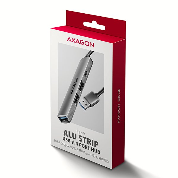 AXAGON HUE-STA, 4x USB ALU STRIP hub, 1x USB-A 5Gbps, 2x USB-A & 1x USB-C 480Mbps, kabel USB-A 12cm - obrázek č. 6