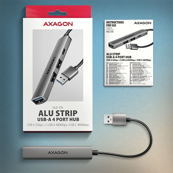 AXAGON HUE-STA, 4x USB ALU STRIP hub, 1x USB-A 5Gbps, 2x USB-A & 1x USB-C 480Mbps, kabel USB-A 12cm - obrázek č. 5
