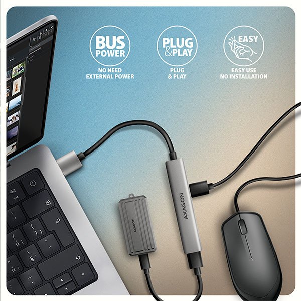 AXAGON HUE-STA, 4x USB ALU STRIP hub, 1x USB-A 5Gbps, 2x USB-A & 1x USB-C 480Mbps, kabel USB-A 12cm - obrázek č. 3