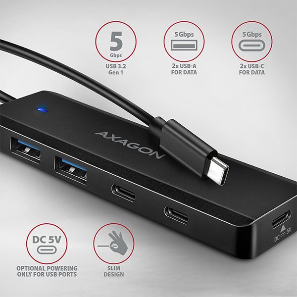 AXAGON HUE-C2C, 4× USB 5Gbps TRAVEL hub, 2× USB-A + 2× USB-C, USB-C napájení, kabel USB-C 19cm - obrázek č. 1