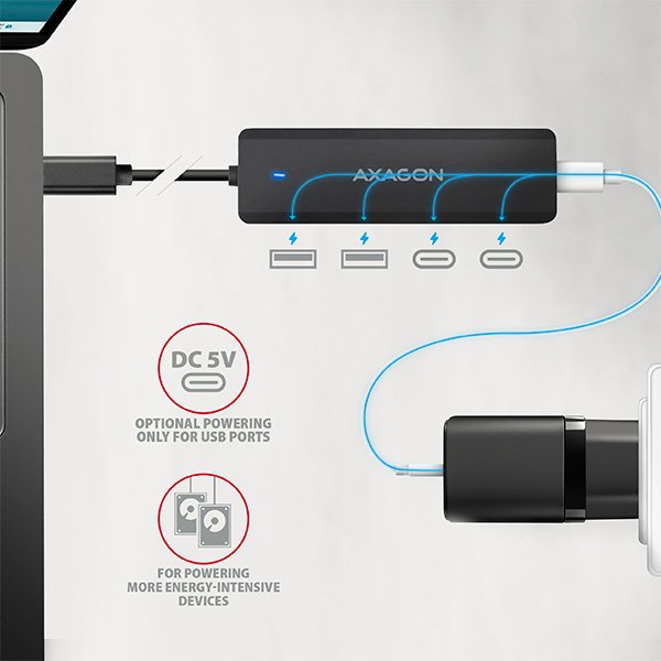AXAGON HUE-C2C, 4× USB 5Gbps TRAVEL hub, 2× USB-A + 2× USB-C, USB-C napájení, kabel USB-C 19cm - obrázek č. 2