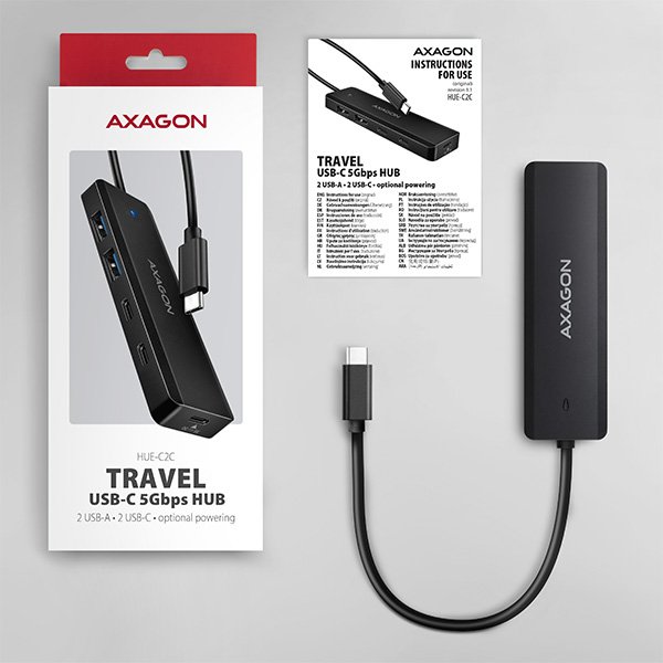 AXAGON HUE-C2C, 4× USB 5Gbps TRAVEL hub, 2× USB-A + 2× USB-C, USB-C napájení, kabel USB-C 19cm - obrázek č. 5