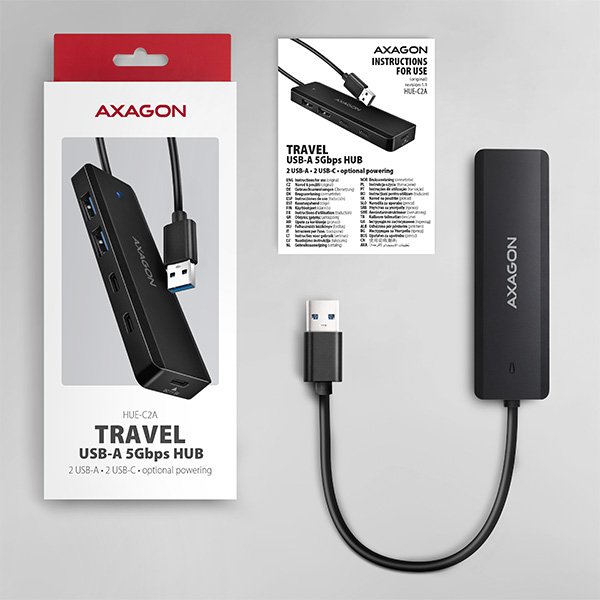 AXAGON HUE-C2A, 4× USB 5Gbps TRAVEL hub, 2× USB-A + 2× USB-C, USB-C napájení, kabel USB-A 19cm - obrázek č. 5
