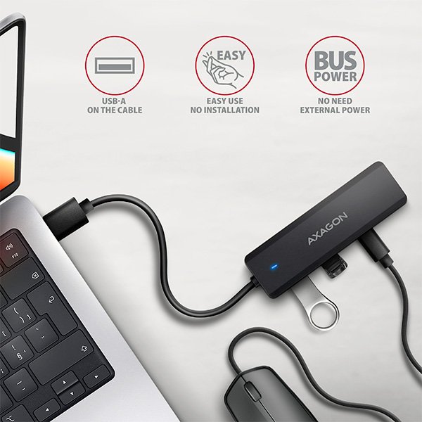 AXAGON HUE-C2A, 4× USB 5Gbps TRAVEL hub, 2× USB-A + 2× USB-C, USB-C napájení, kabel USB-A 19cm - obrázek č. 3