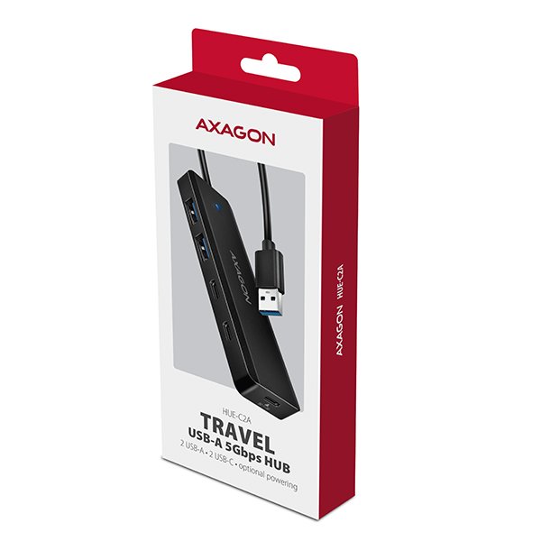 AXAGON HUE-C2A, 4× USB 5Gbps TRAVEL hub, 2× USB-A + 2× USB-C, USB-C napájení, kabel USB-A 19cm - obrázek č. 6