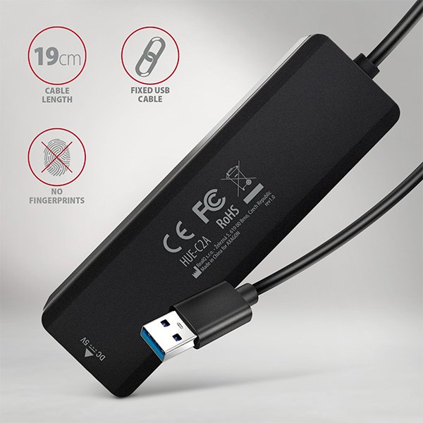 AXAGON HUE-C2A, 4× USB 5Gbps TRAVEL hub, 2× USB-A + 2× USB-C, USB-C napájení, kabel USB-A 19cm - obrázek č. 4