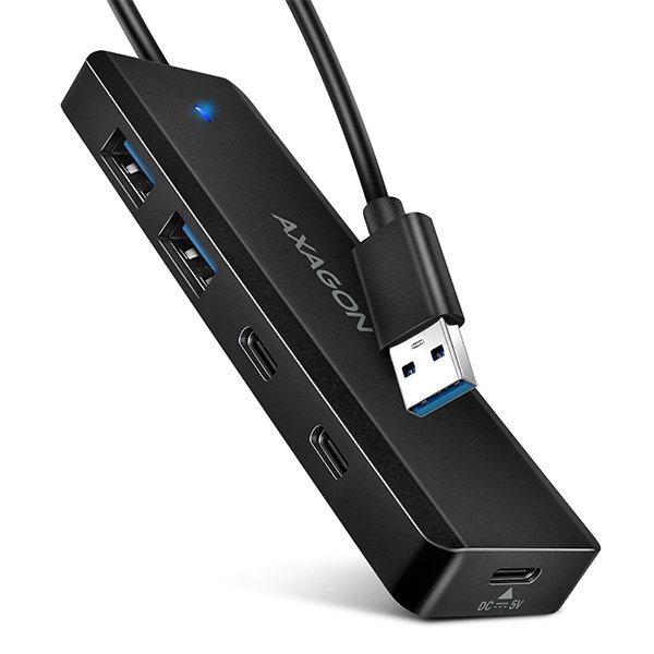 AXAGON HUE-C2A, 4× USB 5Gbps TRAVEL hub, 2× USB-A + 2× USB-C, USB-C napájení, kabel USB-A 19cm - obrázek produktu