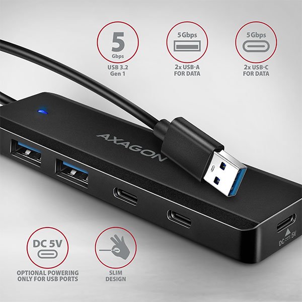 AXAGON HUE-C2A, 4× USB 5Gbps TRAVEL hub, 2× USB-A + 2× USB-C, USB-C napájení, kabel USB-A 19cm - obrázek č. 1