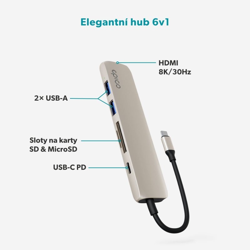 Epico 6v1 hliníkový USB-C 8K hub - bílá - obrázek č. 2