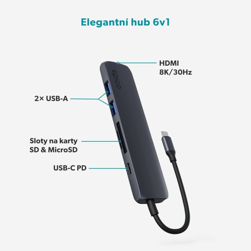 Epico 6v1 hliníkový USB-C 8K hub - inkoustová - obrázek č. 2