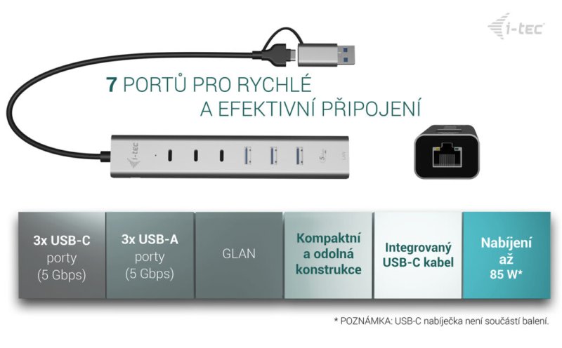 i-tec USB-C / USB-A Metal HUB 6 port (3x USB-C, 3x USB-A), LAN, Power Delivery 85W - obrázek č. 5