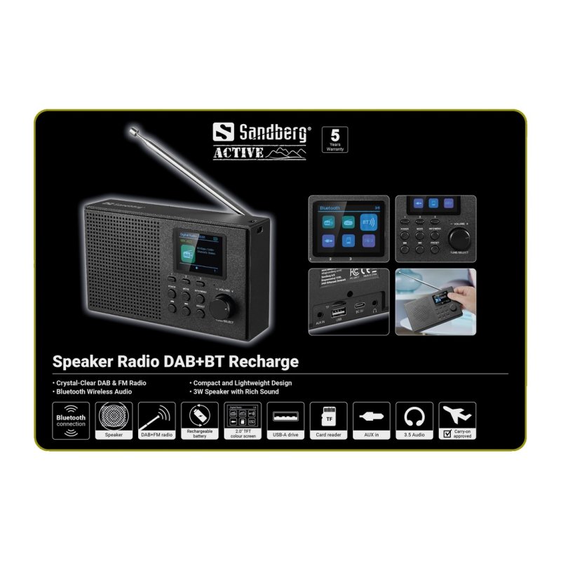 Sandberg Speaker Radio DAB+BT Recharge, přenosné DAB+ / FM rádio s Bluetooth, černá - obrázek č. 4