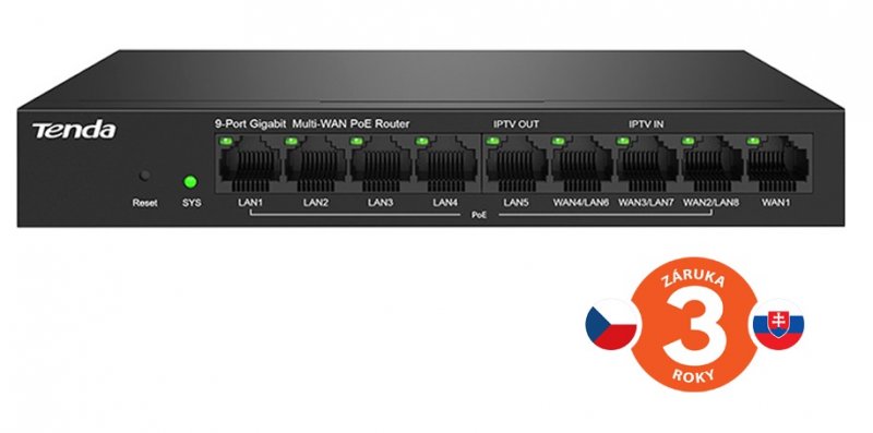 Tenda G0-8G-PoE Gigabit PoE Router MultiWAN, 3x GWAN/ GLAN, 1x GWAN, 5x GLAN, 8x PoE 802.3af/ at, VPN - obrázek produktu