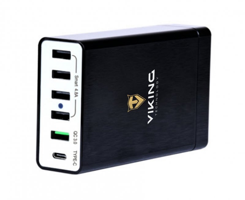 VIKING USB Rozbočovač Smart charger QC3.0, Hliník, Černá - obrázek produktu