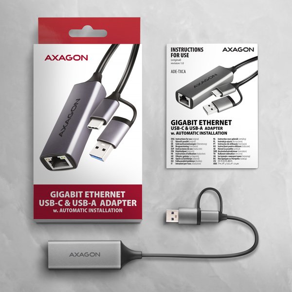 AXAGON ADE-TXCA, USB-C + USB-A 3.2 Gen 1 - Gigabit Ethernet síťová karta, Asix AX88179, auto instal - obrázek č. 7