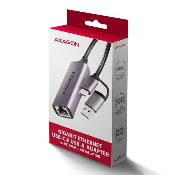 AXAGON ADE-TXCA, USB-C + USB-A 3.2 Gen 1 - Gigabit Ethernet síťová karta, Asix AX88179, auto instal - obrázek č. 8