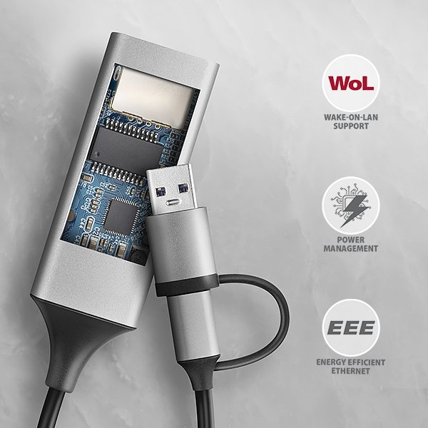 AXAGON ADE-TXCA, USB-C + USB-A 3.2 Gen 1 - Gigabit Ethernet síťová karta, Asix AX88179, auto instal - obrázek č. 6
