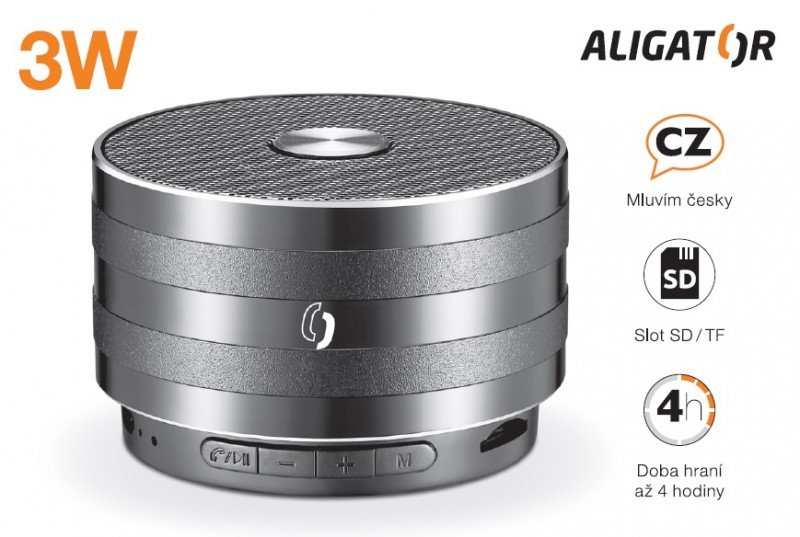 Bluetooth kovový reproduktor ALIGATOR ABS2, micro SD, černá - obrázek č. 1