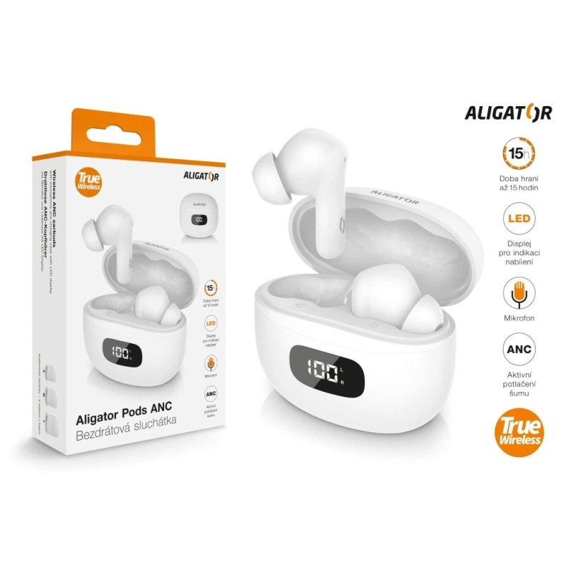 Sluchátka ALIGATOR PODS ANC TWS08, bílá - obrázek produktu