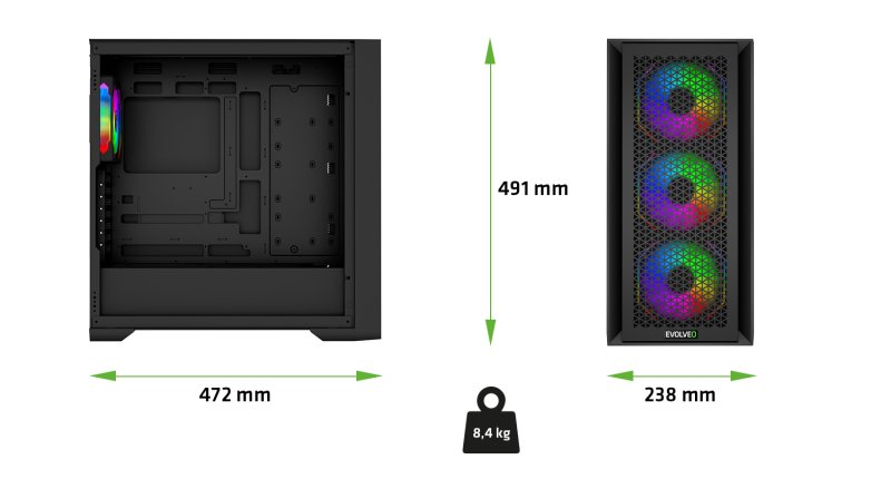 EVOLVEO Rhino, eATX / ATX / 4x ARGB / bočnice sklo / mesh - obrázek č. 2