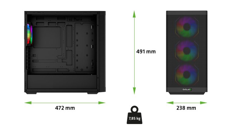EVOLVEO Scorpio, Big Tower / 4x ARGB / sklo+mřížka - obrázek č. 2