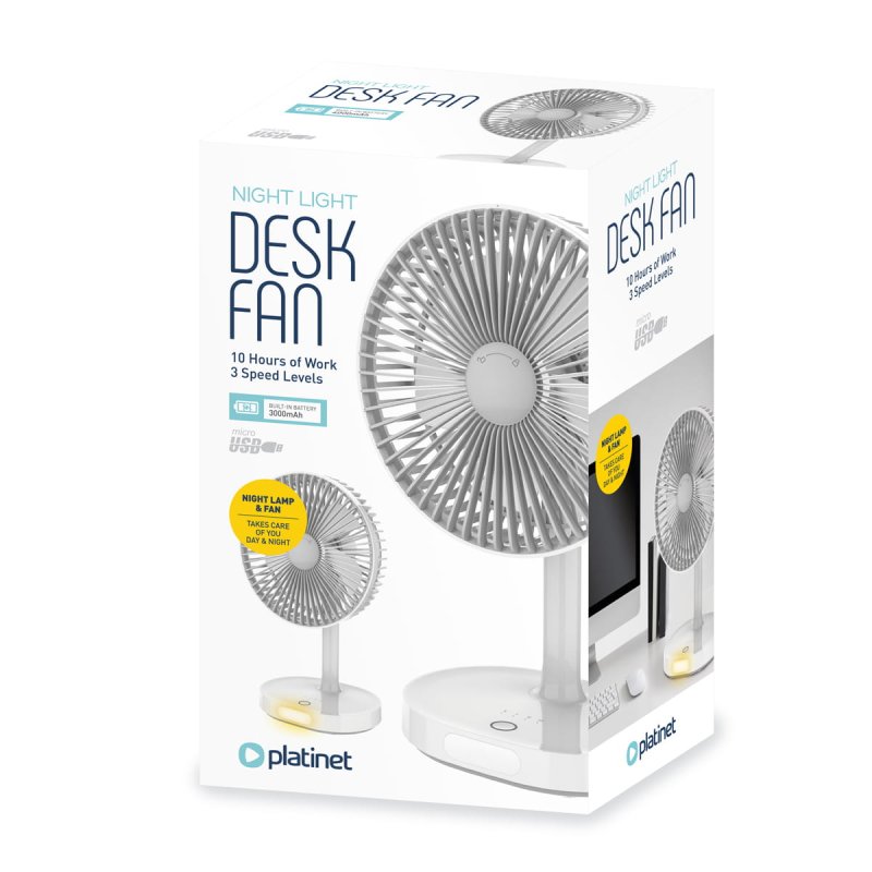 Platinet PRDF0326 stolní ventilátor 19 cm, noční osvětlení, akumulátor 3000 mAh, bílá-šedá - obrázek č. 3