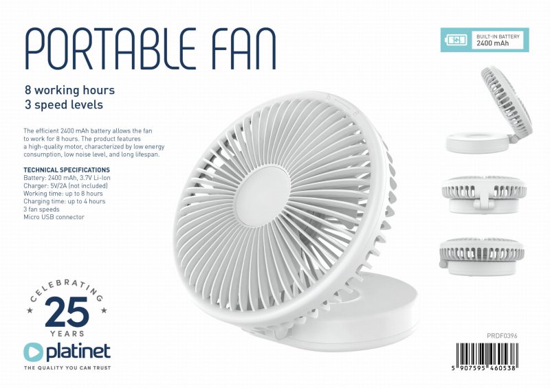 Platinet PRDF0396 skládací stolní ventilátor 19 cm, akumulátor 2400 mAh, bílá - obrázek č. 3
