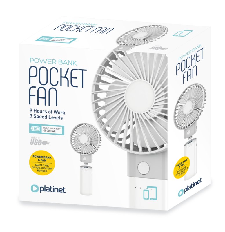 Platinet PRDF6107 kapesní ventilátor 10 cm, funkce powerbanky 4000 mAh, bílá-šedá - obrázek č. 2