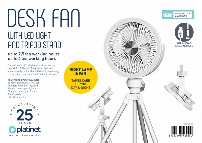 Platinet PRDF0556 stolní ventilátor 14,5 cm, výškově stavitelný tripod, funkce nočního osvětlení, ak - obrázek č. 3