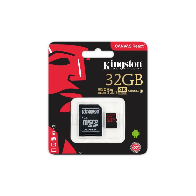 32GB microSDHC Kingston Canvas React  U3 100R/ 70W V30 A1 + SD adapter - obrázek č. 1