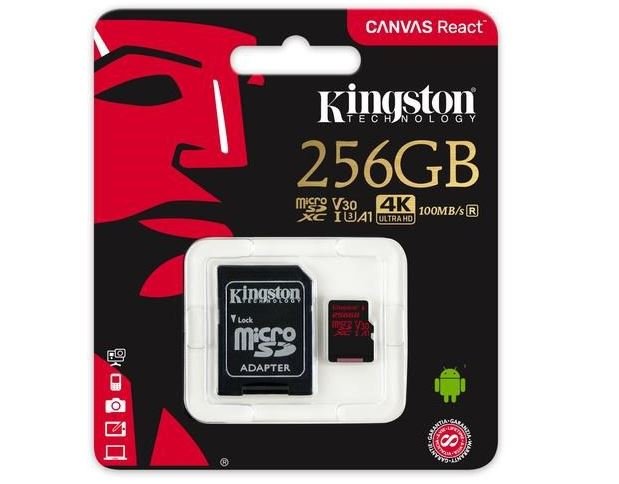 256GB microSDXC Kingston Canvas React  U3 100R/ 80W V30 A1 + SD adapter - obrázek č. 1