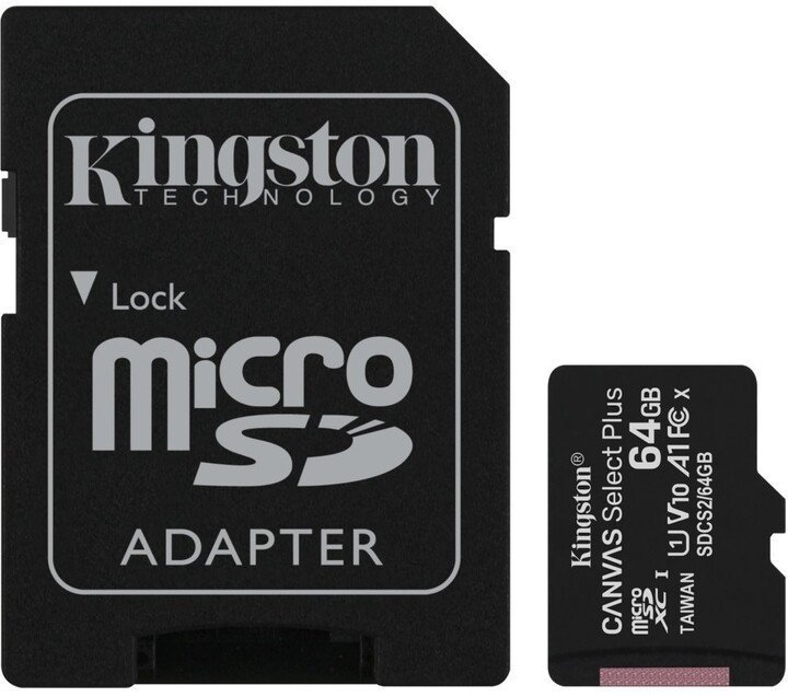 Kingston Canvas Select Plus A1/ micro SDXC/ 64GB/ 100MBps/ UHS-I U1 /  Class 10/ + Adaptér - obrázek produktu