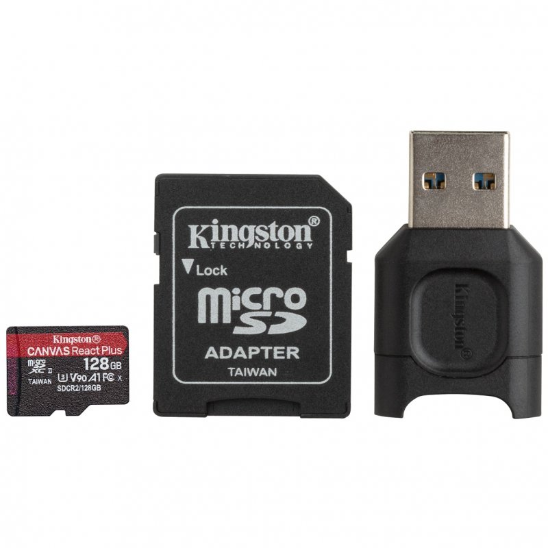 128GB microSDXC Kingston Canvas React Plus UHS-II V90 + adapter + čtečka - obrázek produktu