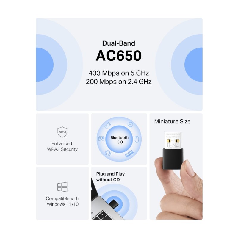 Mercusys MA20NB AC650 Nano WiFi BT USB Adapter - obrázek č. 2