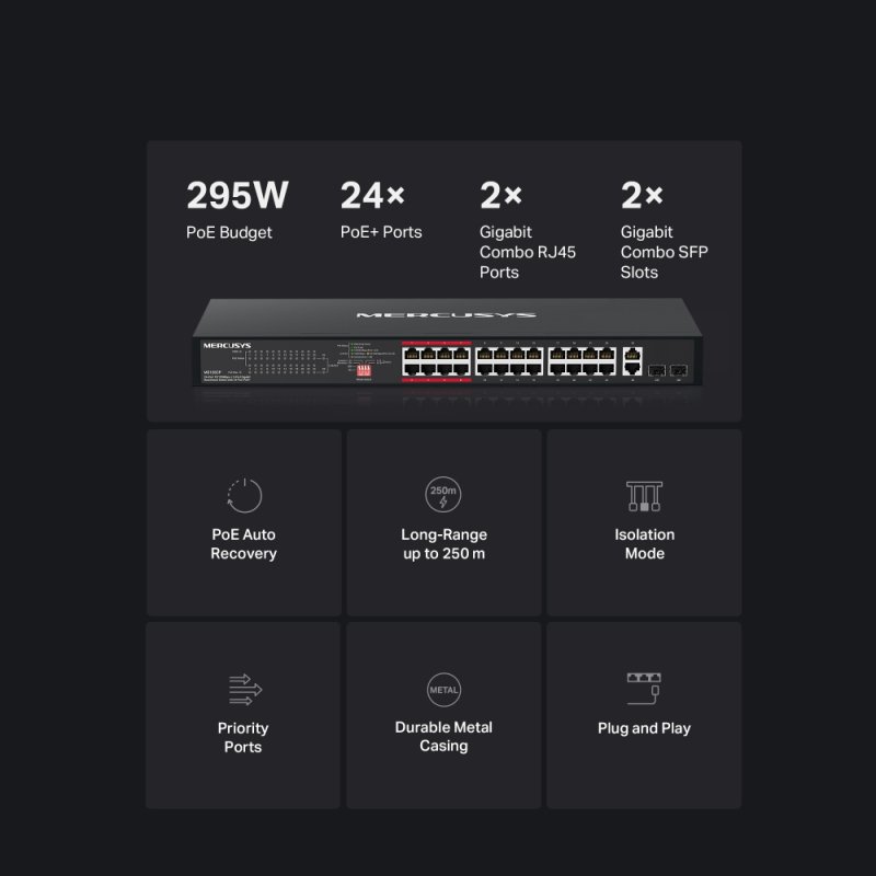Mercusys MS126CP 24xFE PoE+ 2xGb rack switch - obrázek č. 3