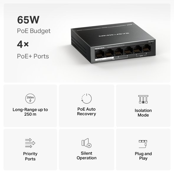 Mercusys MS106GP 6xGb desktop switch 4xPoE+ - obrázek č. 3
