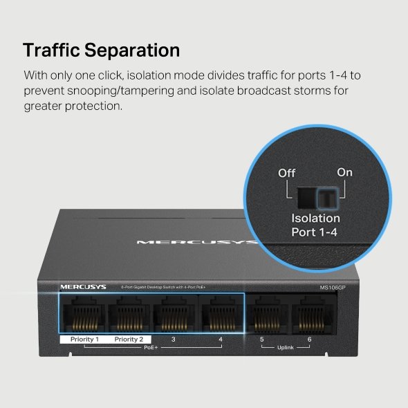 Mercusys MS106GP 6xGb desktop switch 4xPoE+ - obrázek č. 2