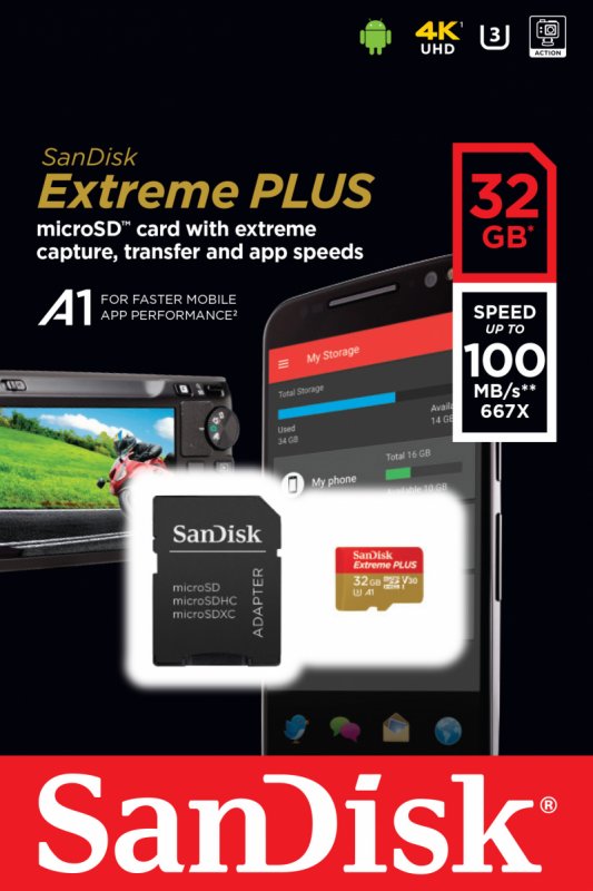 SanDisk Extreme PLUS/ micro SDHC/ 32GB/ 95MBps/ UHS-I U3 /  Class 10/ + Adaptér - obrázek č. 1