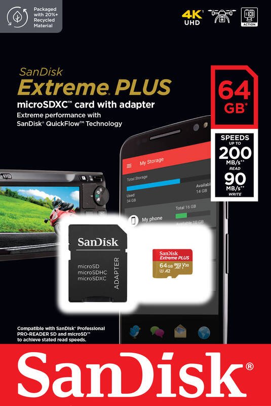 SanDisk Extreme PLUS/ micro SDXC/ 64GB/ 200MBps/ UHS-I U3 /  Class 10/ + Adaptér - obrázek č. 2