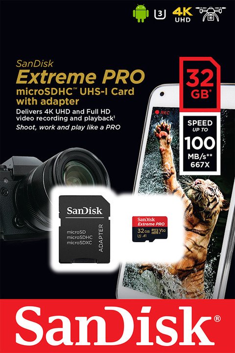 SanDisk Extreme PRO/ micro SDHC/ 32GB/ 100MBps/ UHS-I U3 /  Class 10/ + Adaptér - obrázek č. 1