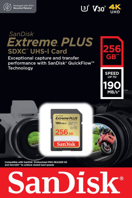SanDisk Extreme PLUS/ SDXC/ 256GB/ 190MBps/ UHS-I U3 /  Class 10 - obrázek č. 1