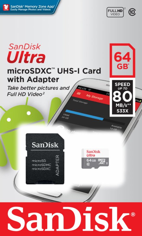SanDisk Ultra microSDXC 64GB 80MB/ s + adaptér - obrázek č. 1