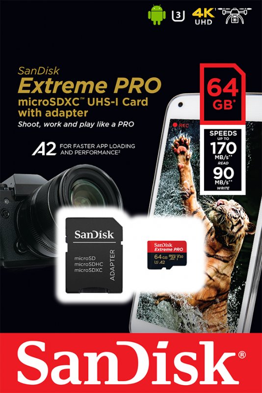 SanDisk Extreme PRO microSDXC 64GB 170MB/ s + ada. - obrázek č. 1